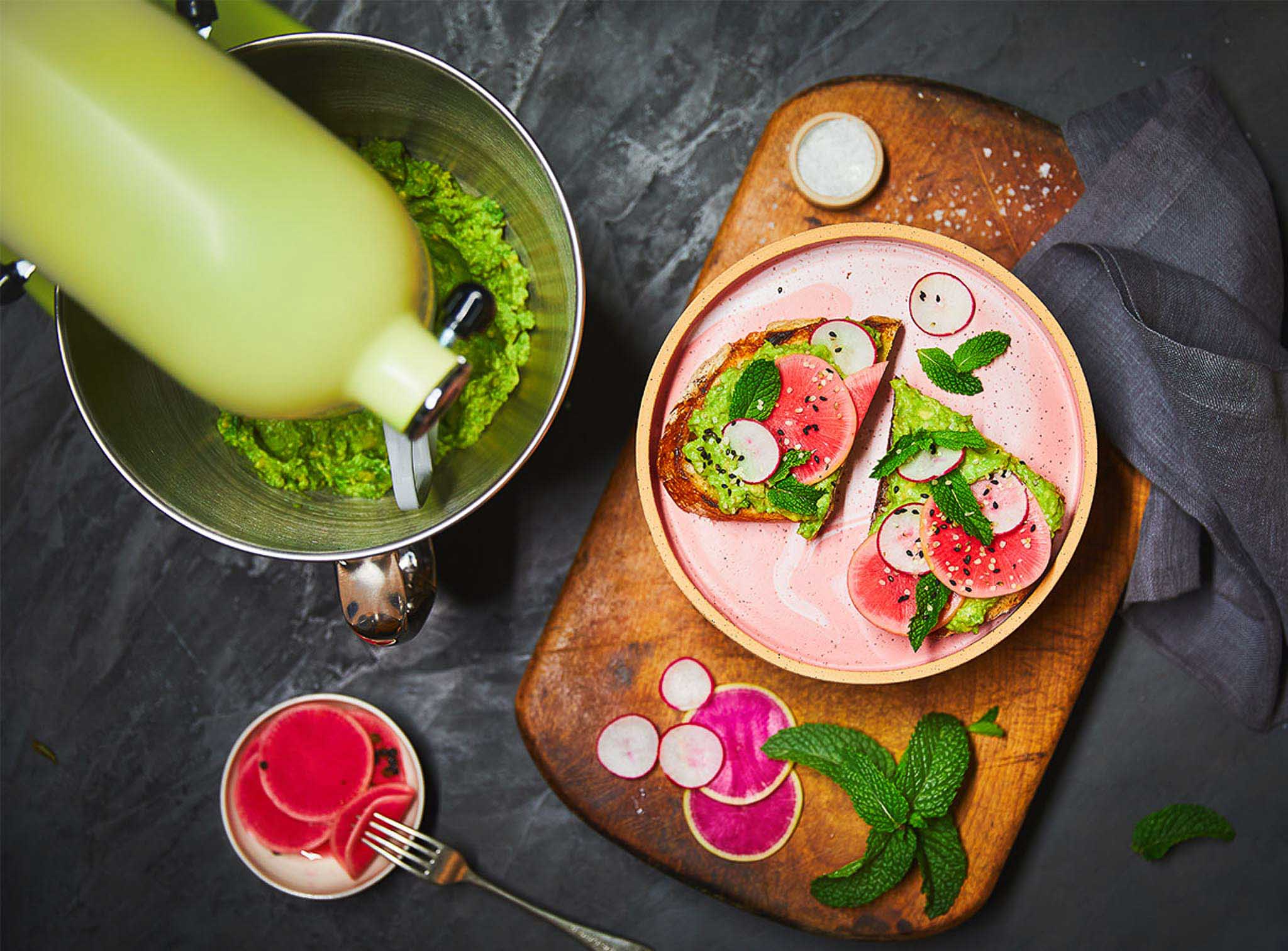Yellow-stand-mixer-and-guacamole-and-radish-toasts